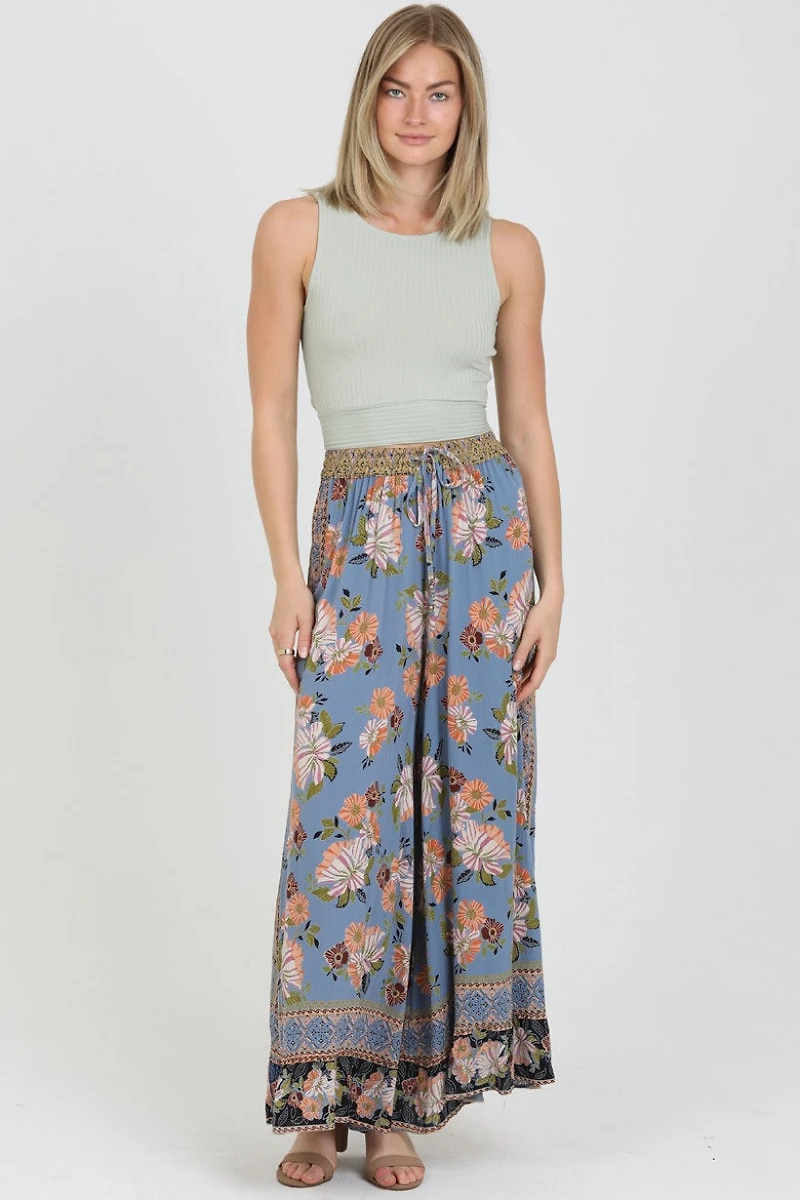 Blue Floral Print Self Tie Waist Wide Leg Pants