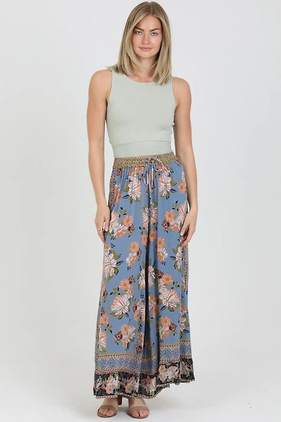 Blue Floral Print Self Tie Waist Wide Leg Pants