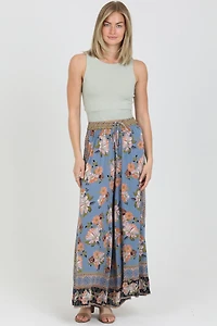 Blue Floral Print Self Tie Waist Wide Leg Pants