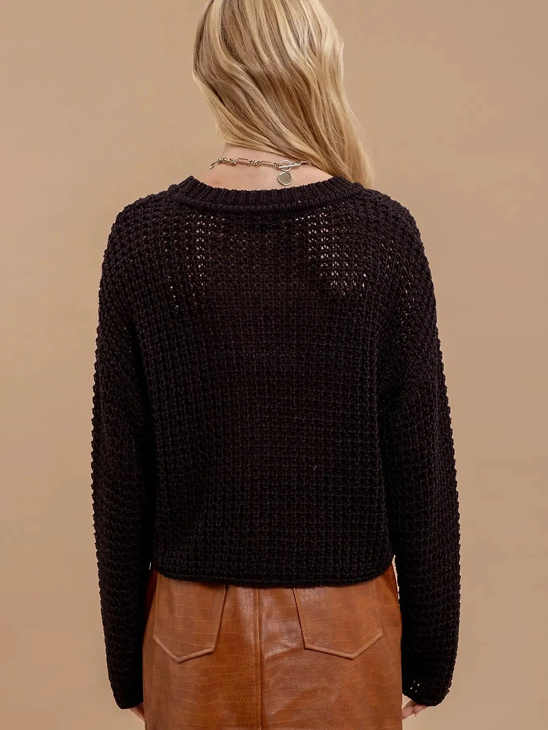 Black Sheer Crew Neck Knit Sweater