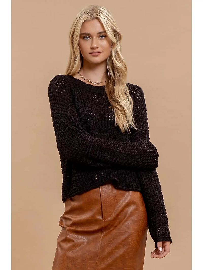 Black Sheer Crew Neck Knit Sweater