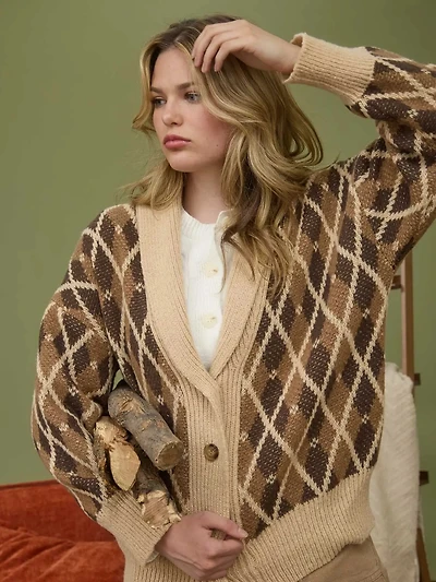 Brown Multicolor Shawl Collar Button Down Knit Cardigan