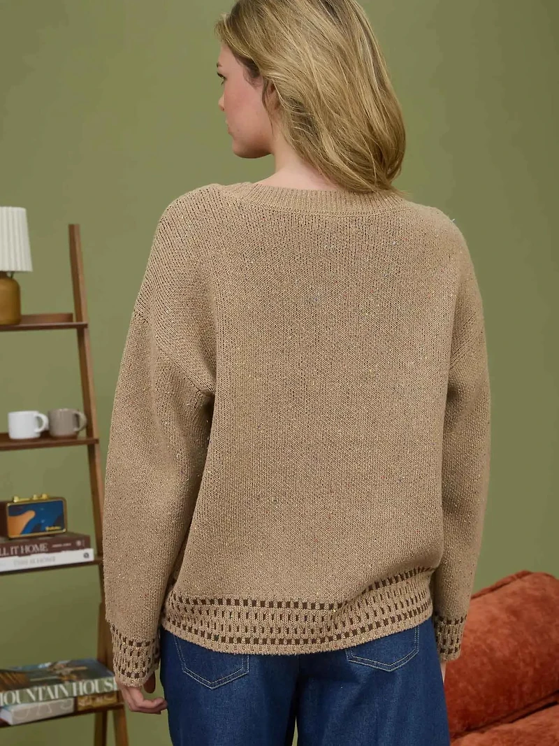 Tan Horse Jacquard Long Sleeve Knit Sweater