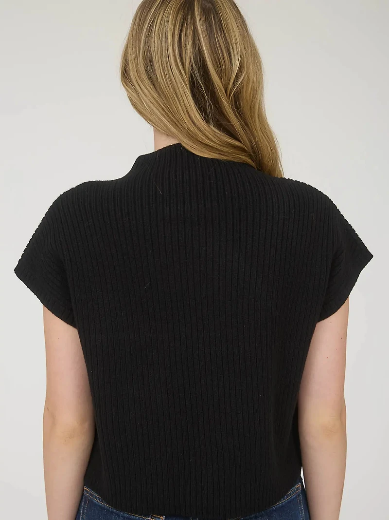 Black Mock Neck Pocket Detail Short Sleeve Knit Sweater