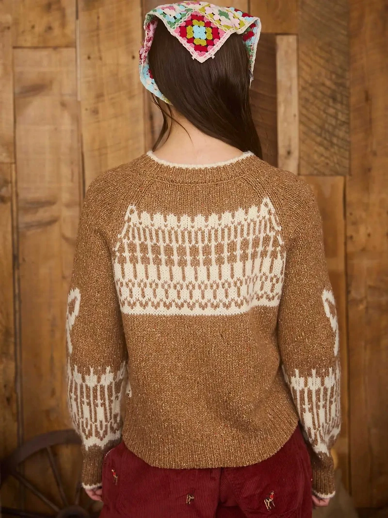 Camel And Cream Swan Jacquard Button Down Long Sleeve Cardigan