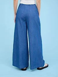 Pleated Wide Leg Chambray Pants
