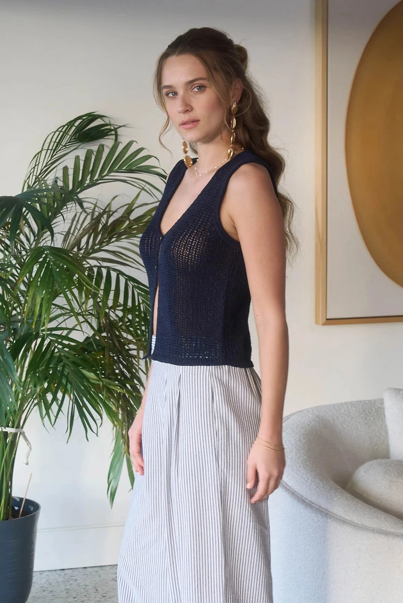 Navy V Neck Front Button Knit Vest