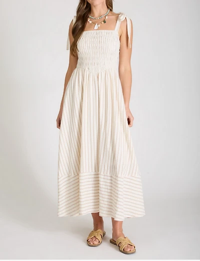 Stripe Smocked Tie Strap Basque Waist Maxi Dress