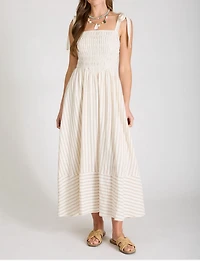 Stripe Smocked Tie Strap Basque Waist Maxi Dress