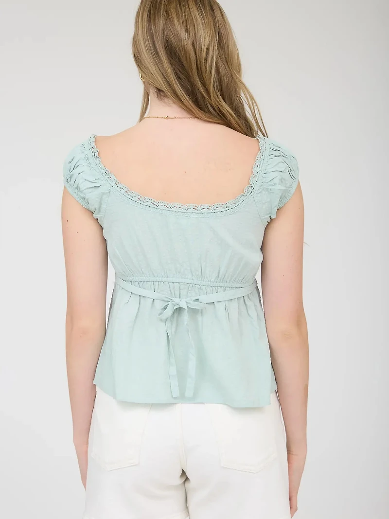 Stripe Lace Trim Front Tie Short Sleeve Top