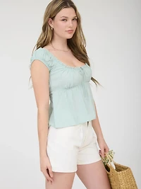 Stripe Lace Trim Front Tie Short Sleeve Top