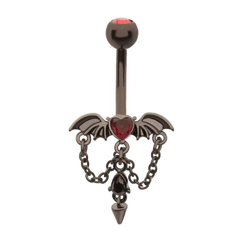 Bat Heart CZ With Chain Tear And Spike Dangle Navel