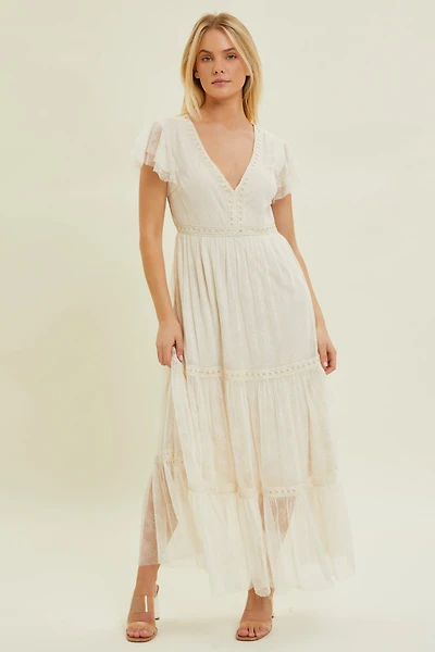 V-Neck Maxi Dress W Embroidered Lace Trim