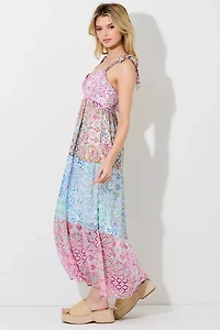 Pink Multi Printed Shoulder Tie Maxi Dress