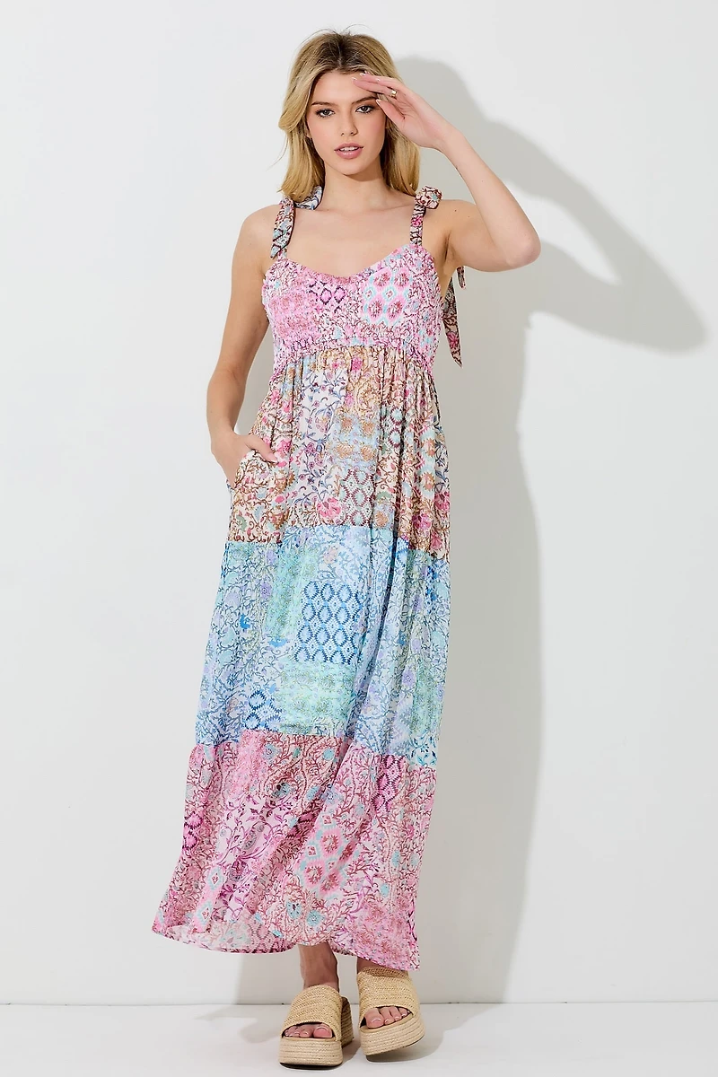 Pink Multi Printed Shoulder Tie Maxi Dress