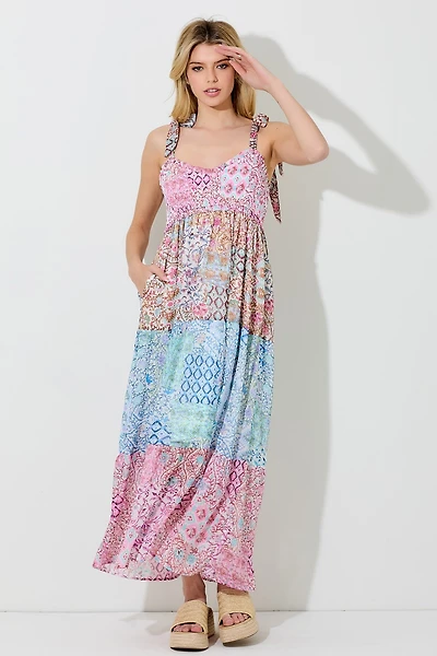 Pink Multi Printed Shoulder Tie Maxi Dress