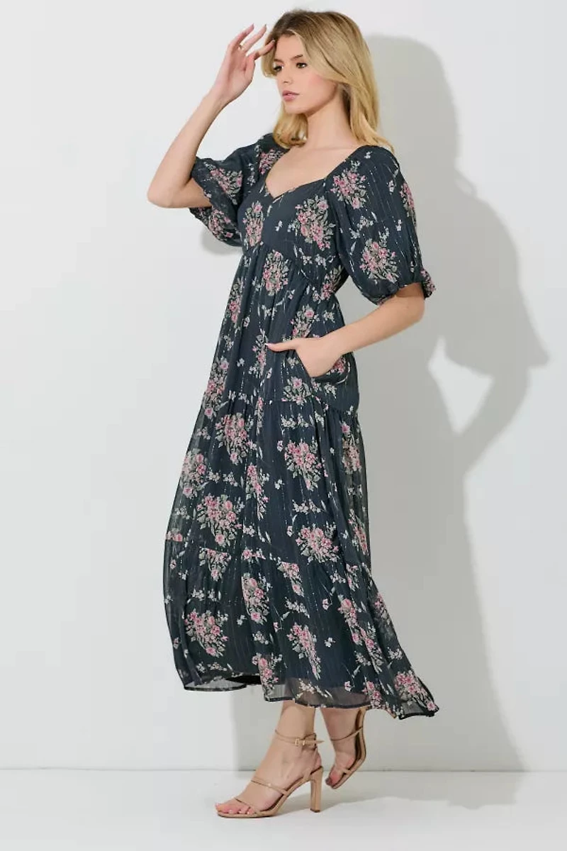 Black Floral Lurex Print Maxi Dress
