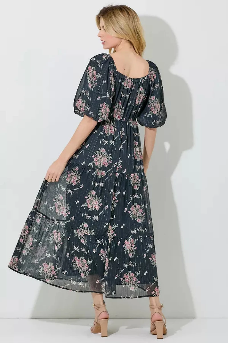 Black Floral Lurex Print Maxi Dress