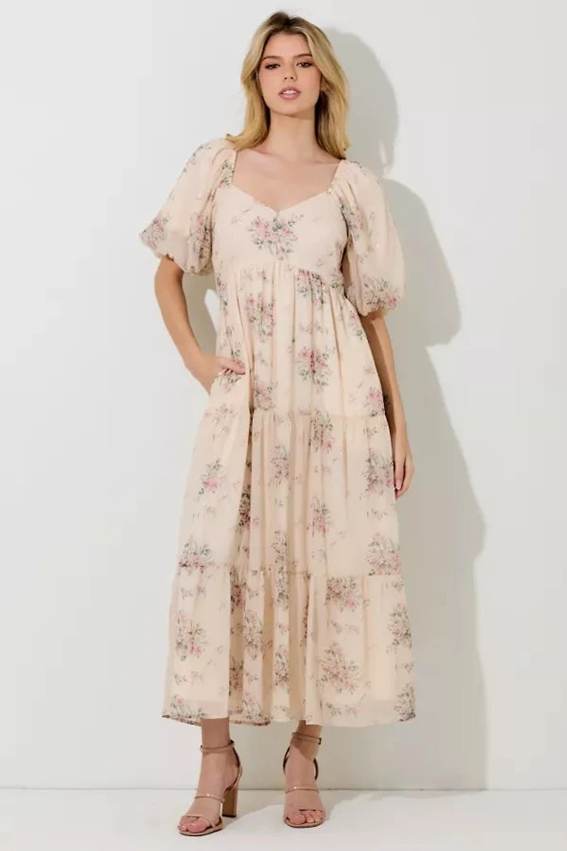 Cream Floral Lurex Print Maxi Dress