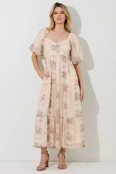Cream Floral Lurex Print Maxi Dress