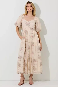 Cream Floral Lurex Print Maxi Dress