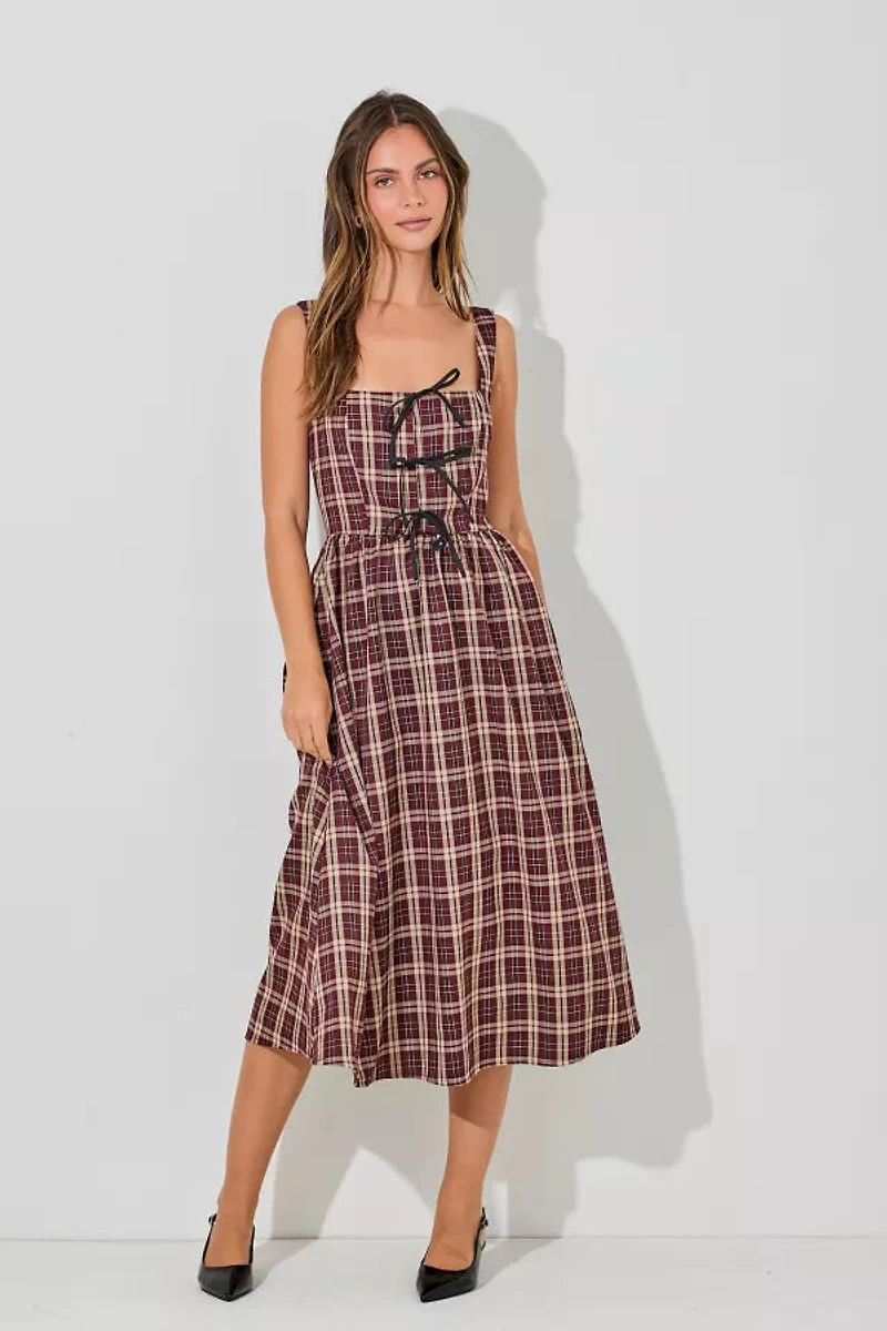 Plaid Sleeveless Dress With Ribbon Plus