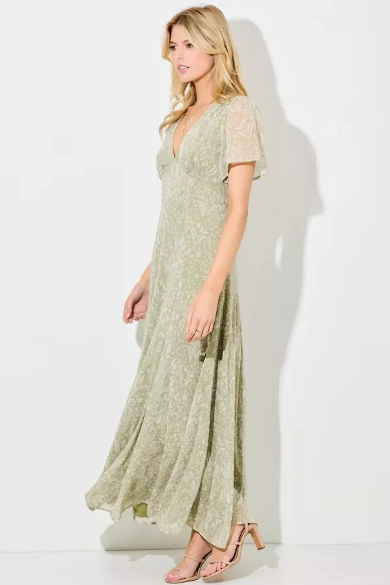 Sage Multi Print V-Neck Maxi Dress