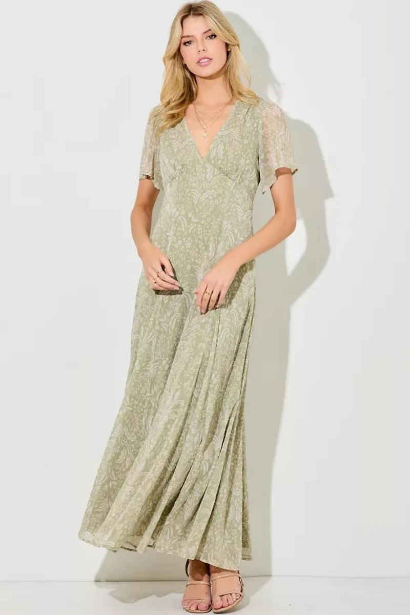 Sage Multi Print V-Neck Maxi Dress