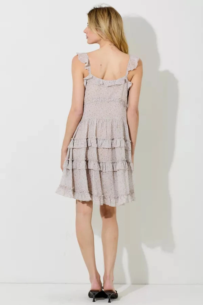 Taupe Floral Print Tiered Mini Dress