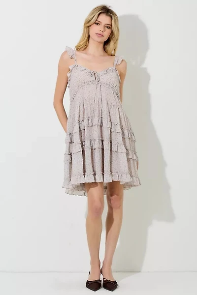 Taupe Floral Print Tiered Mini Dress