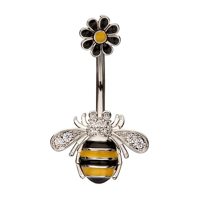 Bee and Daisy Enamel Navel W/ Pave CZs