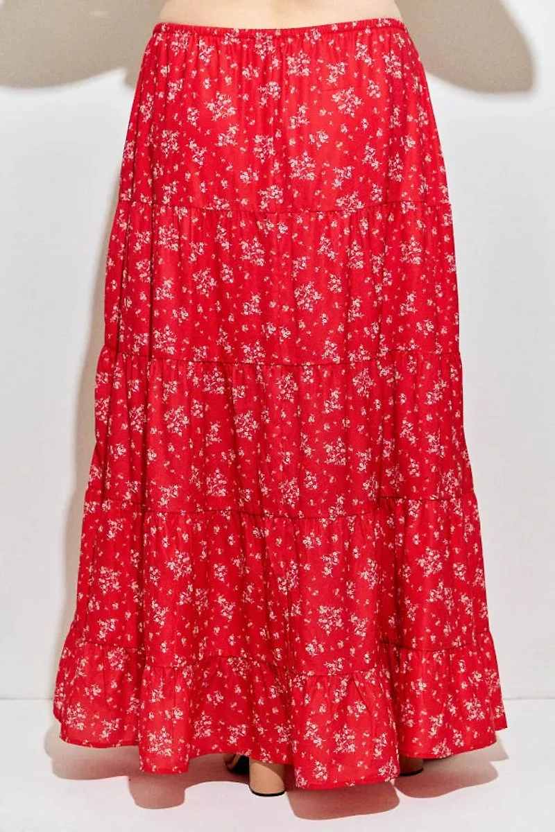 Red Multi Floral Print Skirt Plus