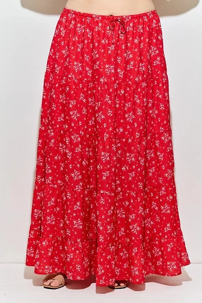 Red Multi Floral Print Skirt Plus