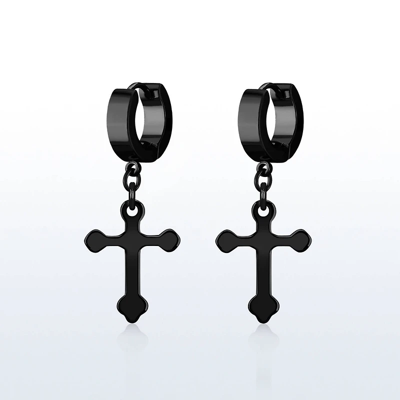 Black Huggie Earrings With Black Cross Dangle