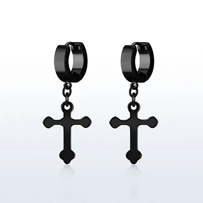 Black Huggie Earrings With Black Cross Dangle