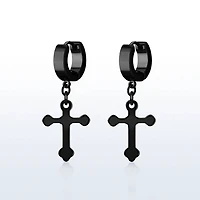 Black Huggie Earrings With Black Cross Dangle