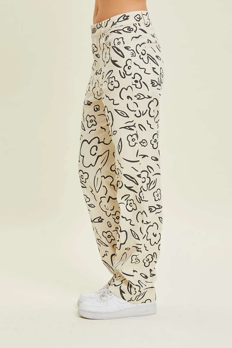 Floral Print Stretch Denim Pants
