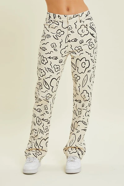 Floral Print Stretch Denim Pants