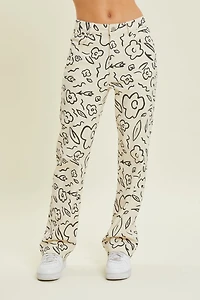 Floral Print Stretch Denim Pants