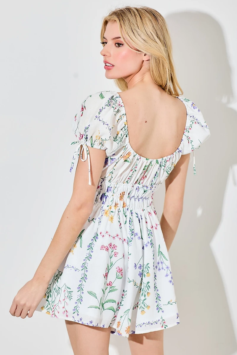 Flower Print Short Sleeve Bow Tie Romper