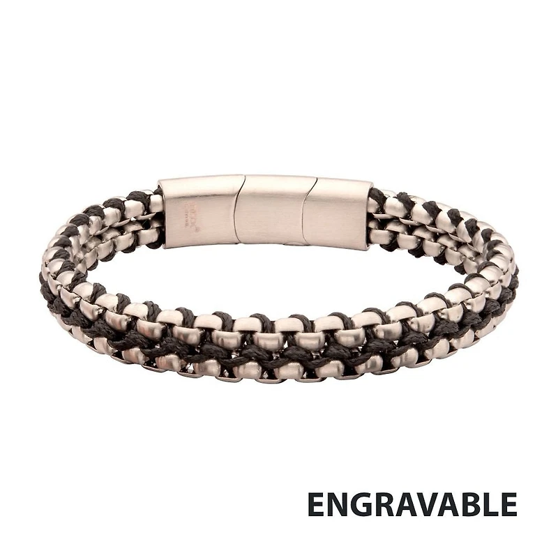 Matte Stainless Steel Box Chain & Black Wax Cord Bracelet