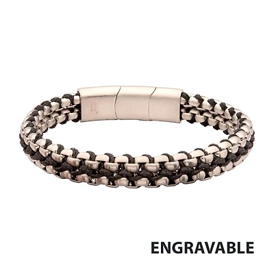 Matte Stainless Steel Box Chain & Black Wax Cord Bracelet