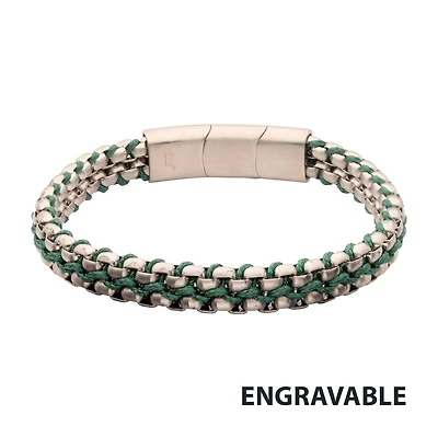 Matte Stainless Steel Box Chain & Green Wax Cord Bracelet