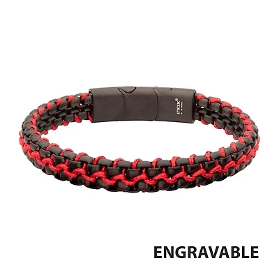 Matte Black IP Stainless Steel Box Chain & Red Wax Cord Bracelet