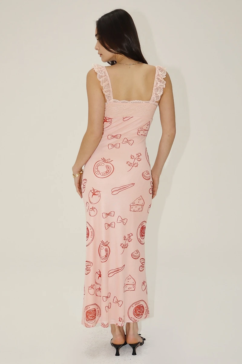 Printed Maxi Dress With Lace Trim Rose