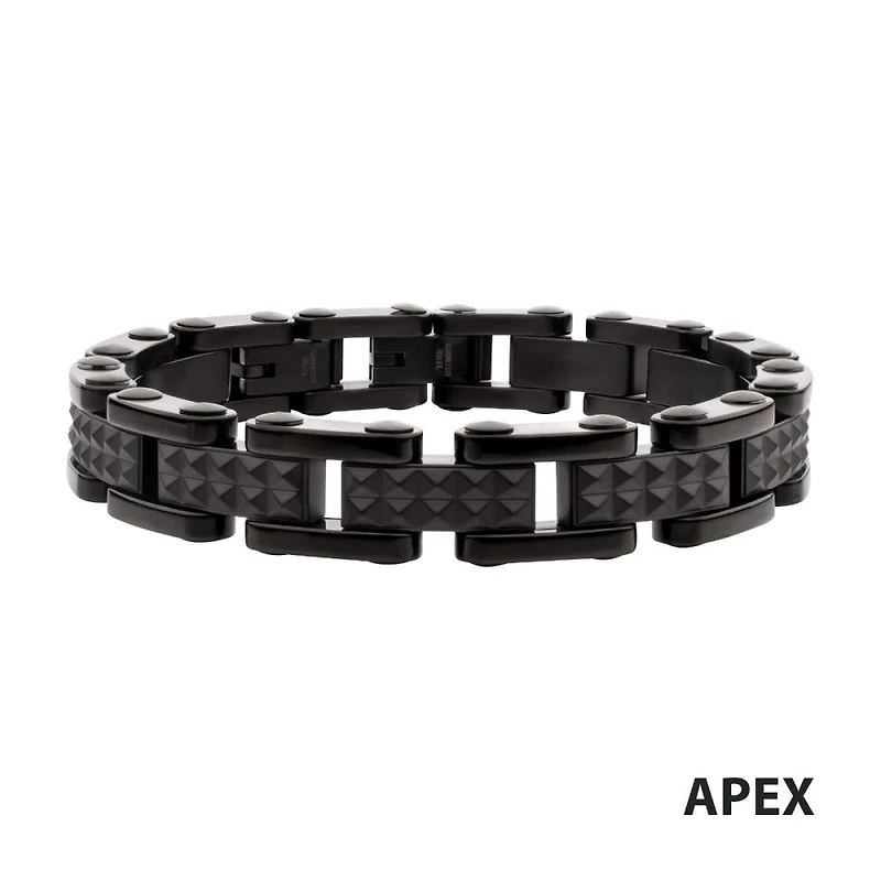 Black IP Steel Matte Finish Pyramid Stud Pattern Link Bracelet 8.25" - 8.75"