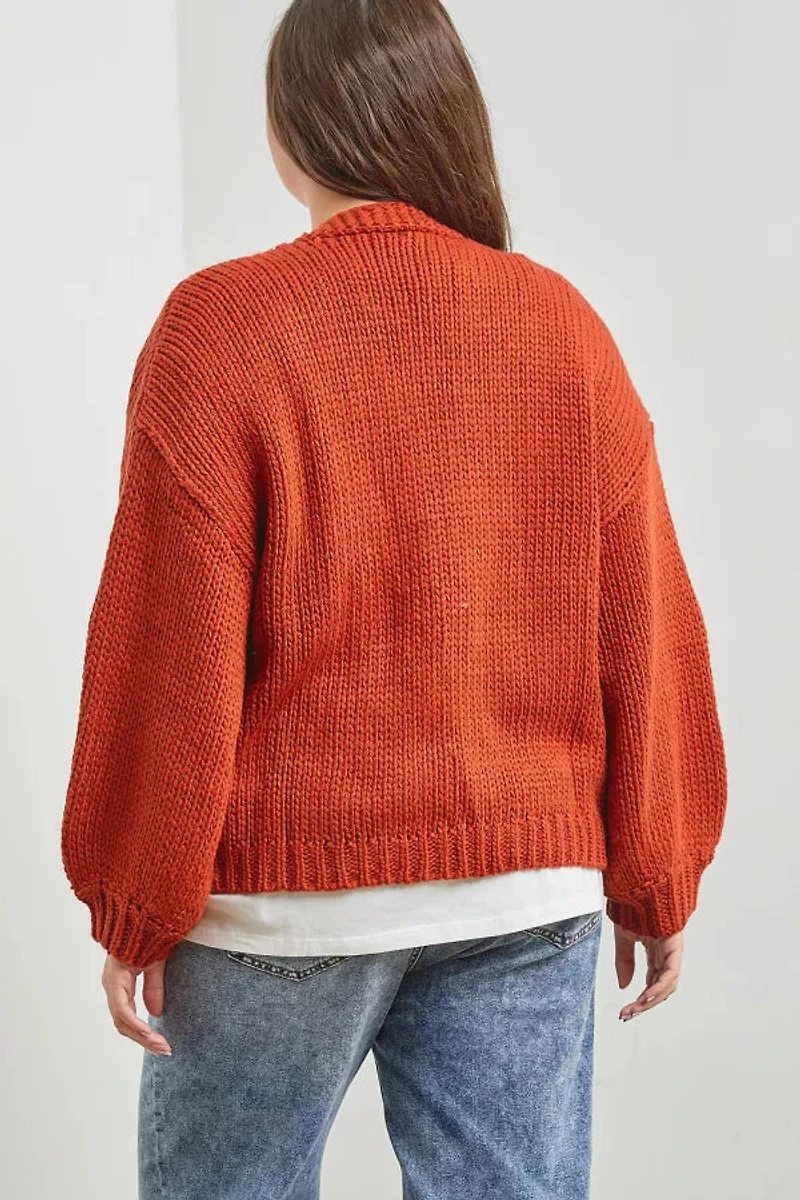 Plus Knit Cardigan W Bubble Sleeve