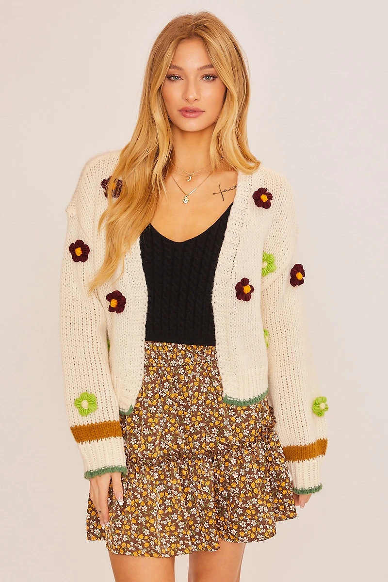 Knit Cardigan W Crochet Flower