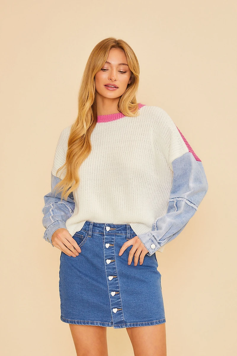 Two Tone Knit Sweater With Denum Sleeves