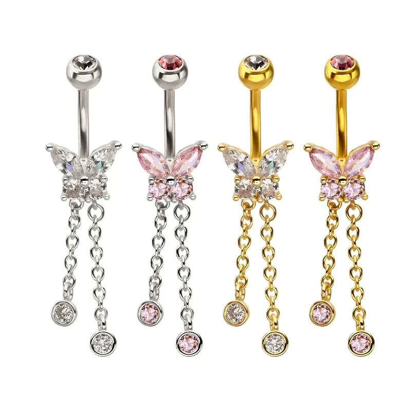 Butterfly With Double Round Chain Dangle Navel